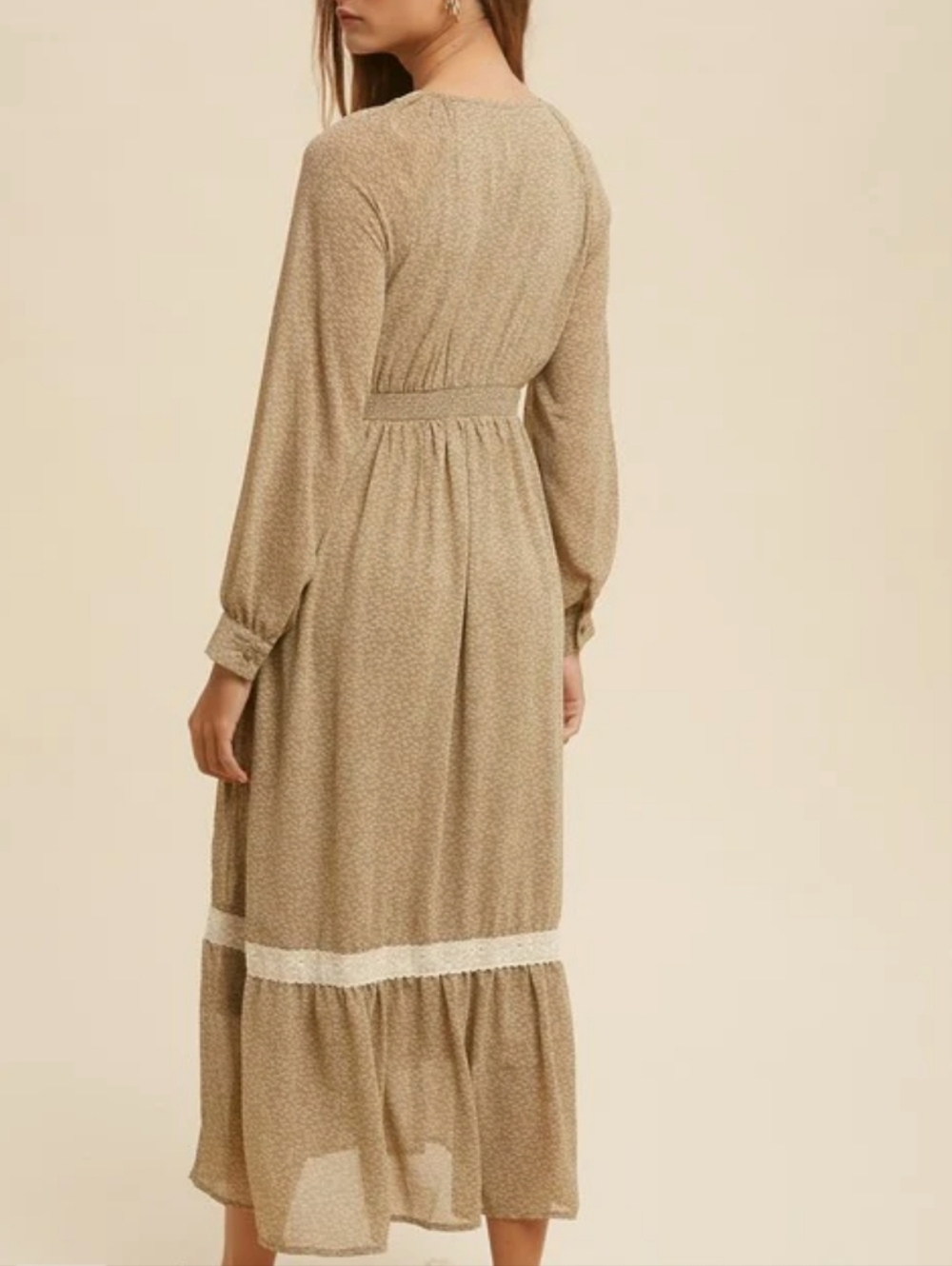 Shop Stevie Medium Taupe Floral Lace Trim Tiered Maxi Dress - Picture 5 of 12